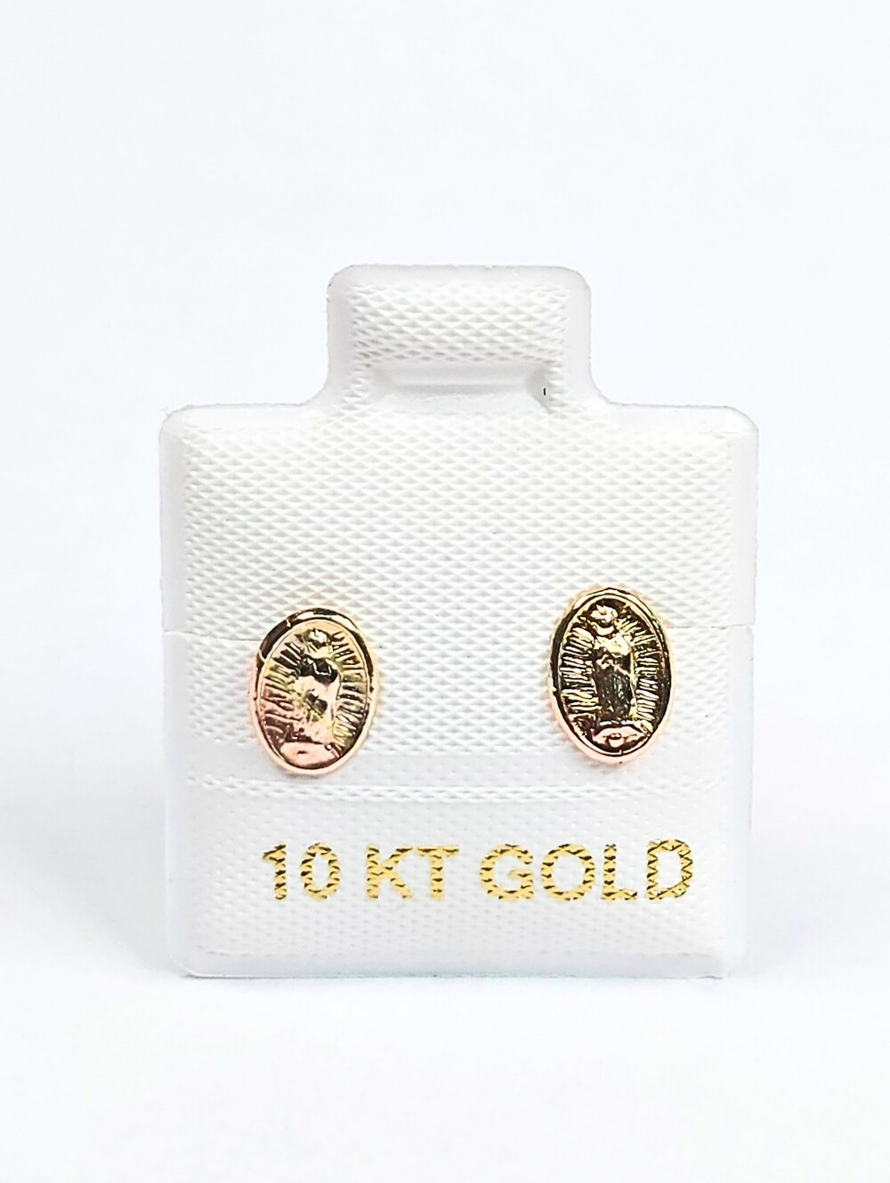 10K Solid Gold Virgen de Guadalupe Oval Stud Earring Screw Back 7.5mm Three Tone